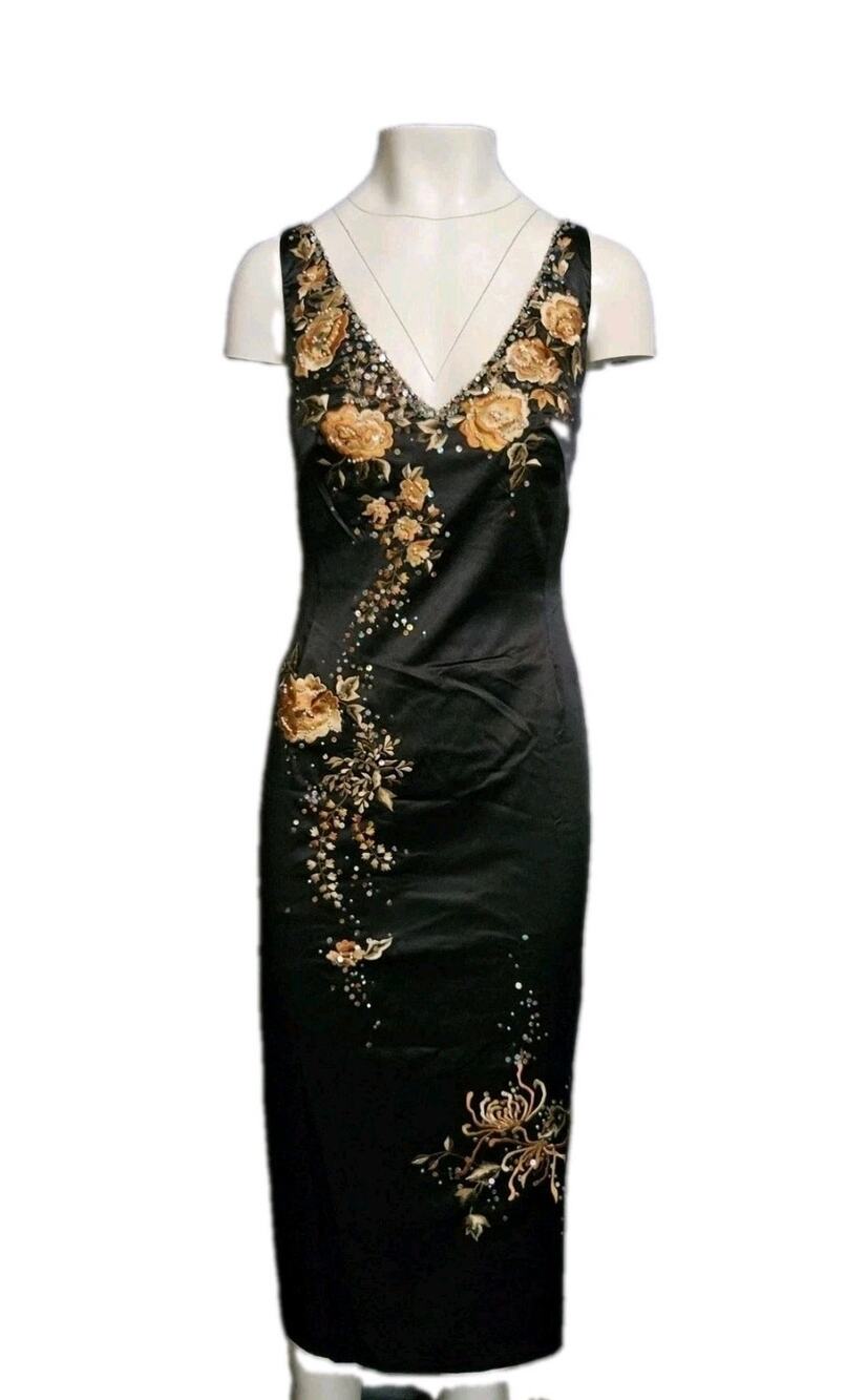 Vintage Mandalay Y2K Black Evening Cocktail Dress Embroidered Beaded Size 10